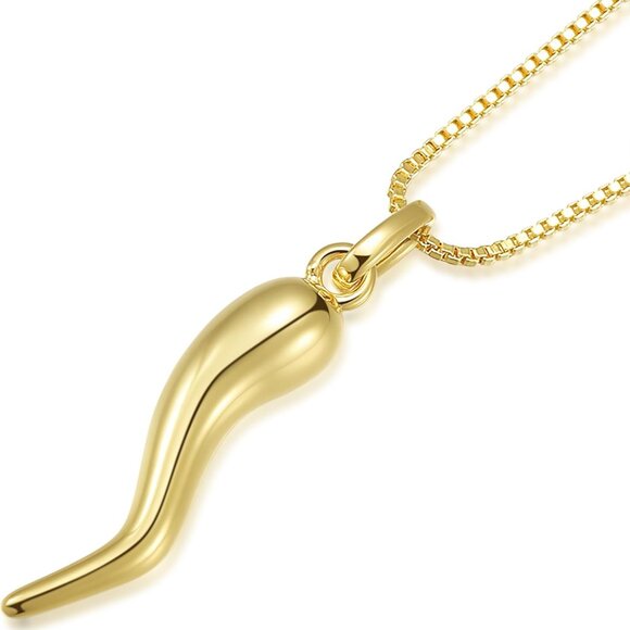 14K Gold Plated Italian Horn Charm Necklace 18'' Good Luck Jewelry - Picture 1 of 6